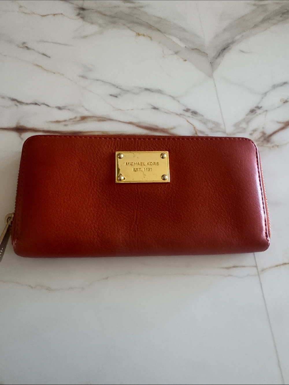 Michael Kors Brick Red Leather Zip-Around Wallet with Gold Plaque